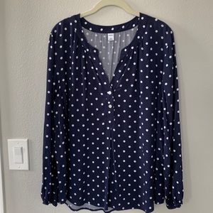 Adorable Navy and White Polka Dot Lon Sleeve Tunic Blouse